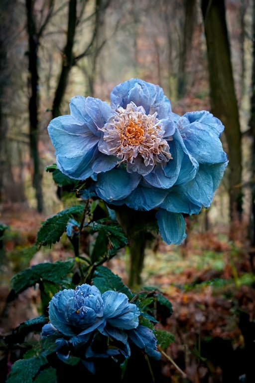 prompthunt: lots of blue winter roses and dahlias in mysty forest