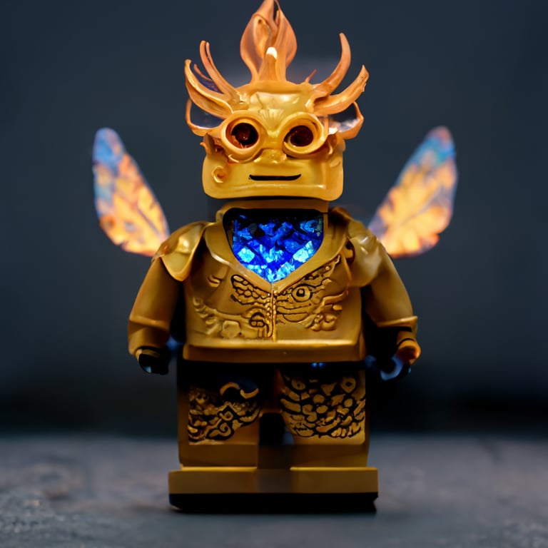 prompthunt: cute golden Lego man, mask of horns with dragon imagery,  crystal body armour, with wings, blue fire in background, in the style of  Lego, made from Lego, detailed, 8k, dark, in