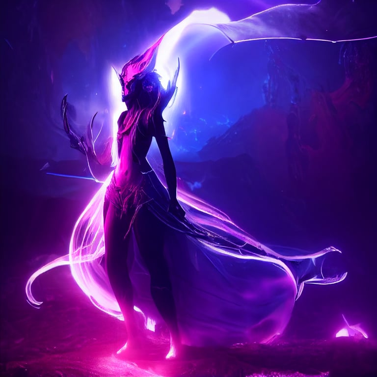 prompthunt: dark goddess Mithrine Corith with purple magic void trail, fantasy, face showing, glowing eyes, beautiful, photograph, cinematic lighting, realistic, ultra realistic, unreal engine 5, octane render, quality lighting, cinematic, high resolution