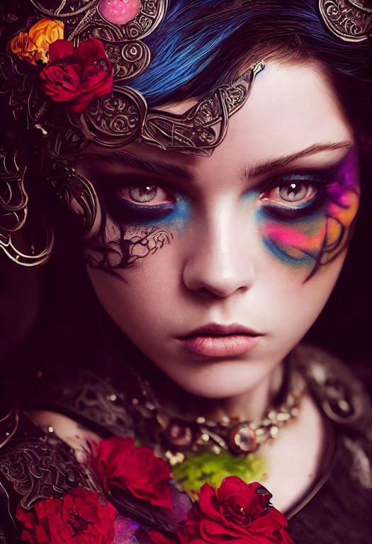 prompthunt: fantasy art, style of tom bagshaw and karol bak and h.r. giger, Barbara  palvin, beautiful sorceress, glamour model, intricate ivory filigree  breastplate, Muscular, bold bright colorful makeup, colorful tattoo covered  body,
