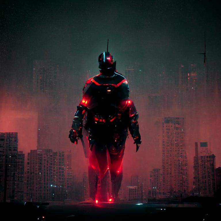 prompthunt: Matt Reeve's The Batman, with futuristic armor, with red rgb  accents, in a dark city, in a red mist, 4k, octane render, photorealistic
