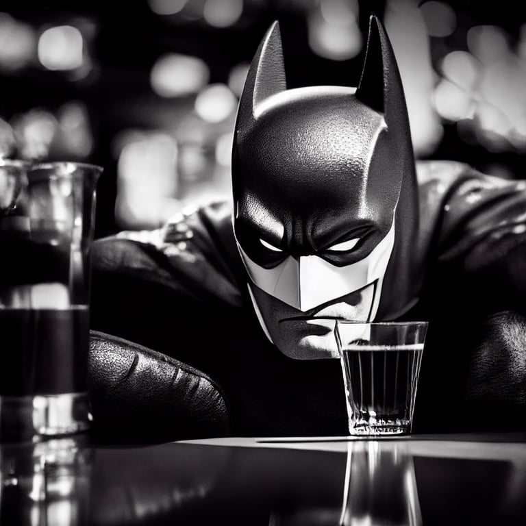 prompthunt: black and white photo, batman drinking in a bar, 4k ultra high  resolution, bokeh