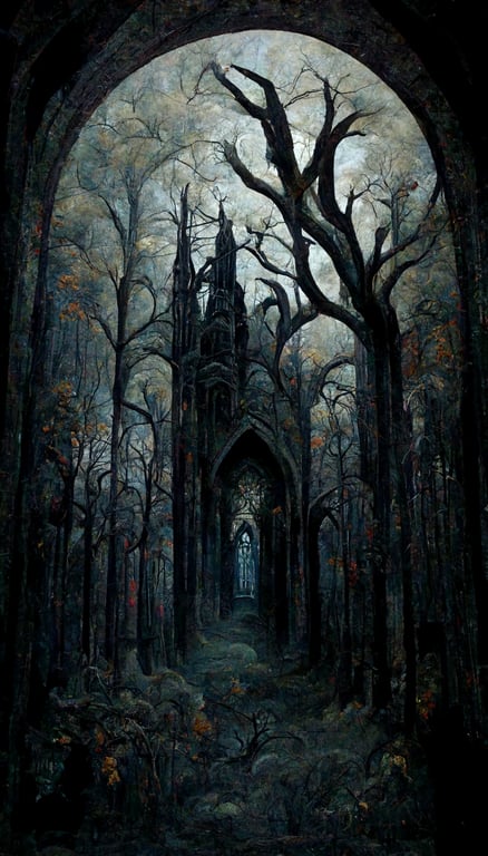painted mural of a dark forest, gothic art medieval style