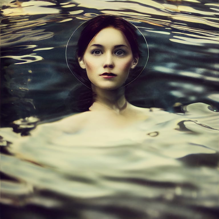 prompthunt: a professional portrait of a beautiful young lady face floating  in dark water