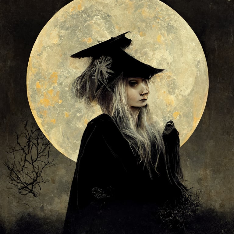 prompthunt: witch portrait, graveyard, full moon, moody, dark, broom,  blonde hair, highly detailed, spooky
