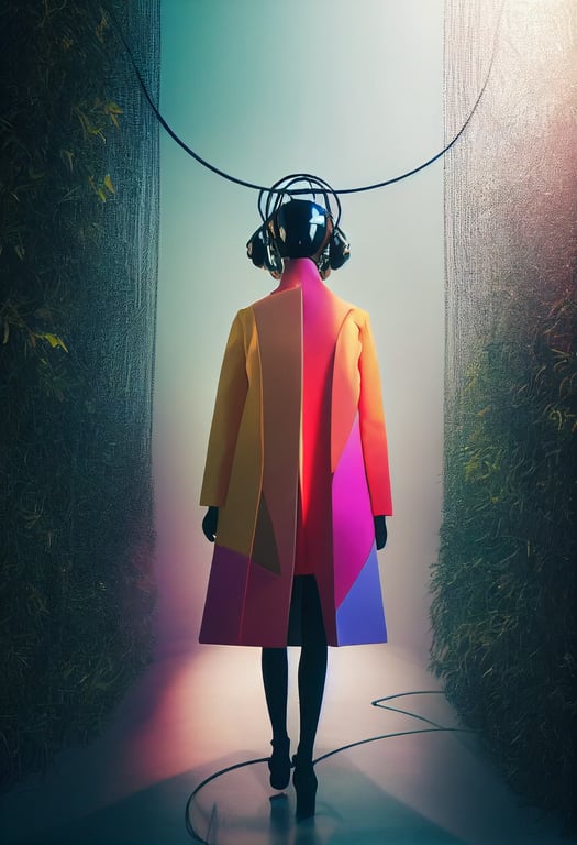 prompthunt: a beautiful and futuristic female robot wearing a LUISA CERANO  coat on a futuristic catwalk with plants and wires, advertising  photography, full body, sunbeams, warm colors, autumn, leaves, Award  Winning Photography,