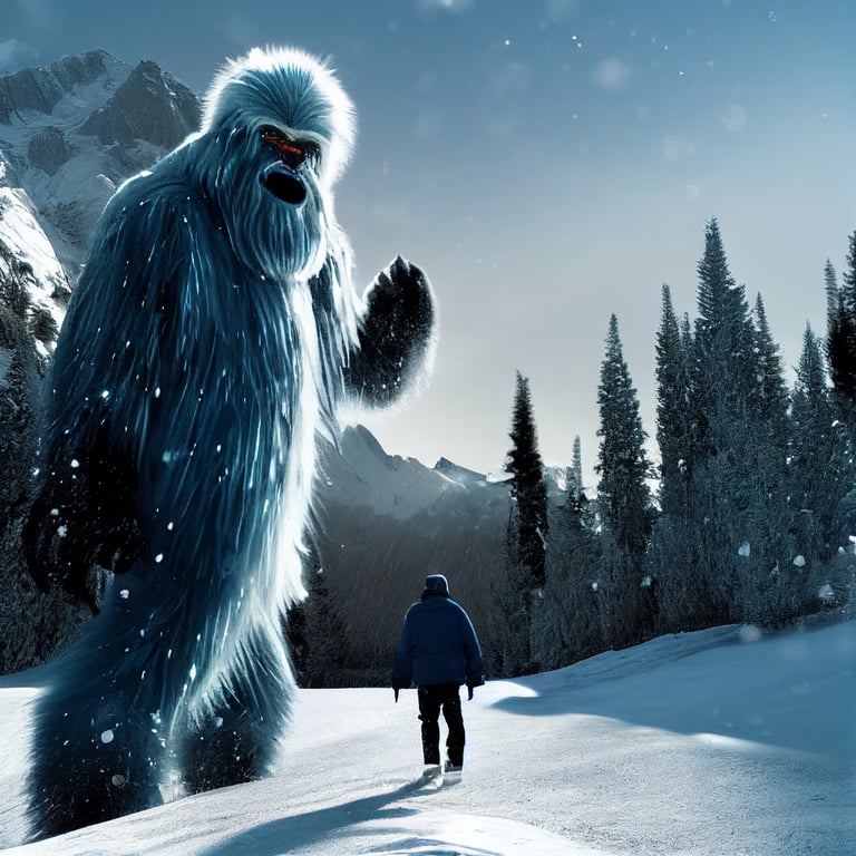 prompthunt: full body big yeti, walking in the snow dark moutains