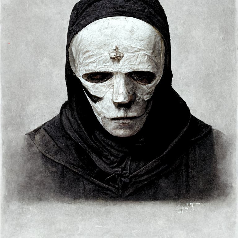 prompthunt: a man in a broken white mask on his face, with a burnt face,  with a hood on his head and in black clothes