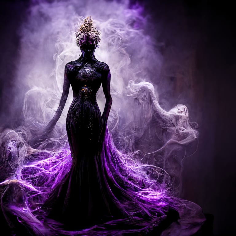 prompthunt: dark cosmic goddess, purple skin, blonde hair, purple eyes,  wearing a dark purple dress, evil, ethereal, creative, 4k