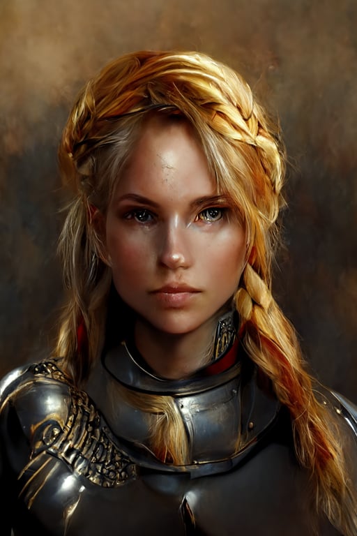 prompthunt: badass beautiful blonde female fantasy warrior in full plate  armor, long one side braid, realistic render,