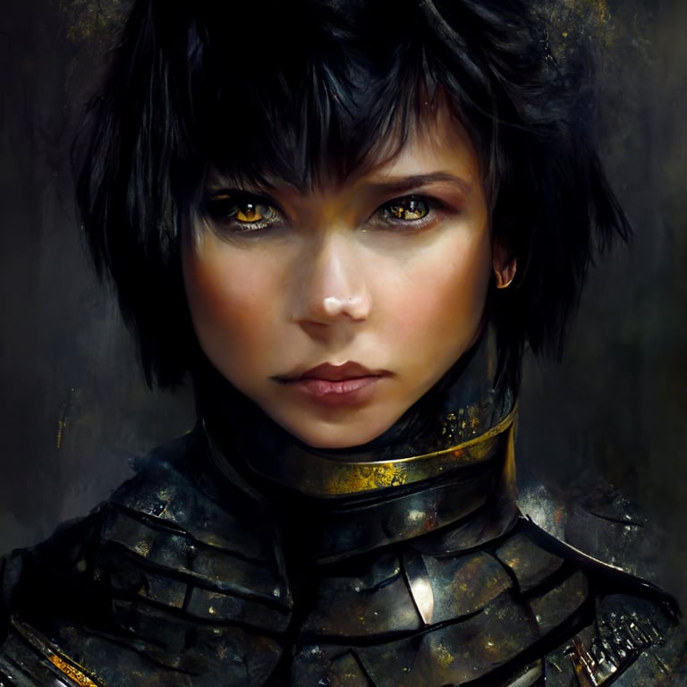 prompthunt: female warrior, yellow eyes, beautiful face, short hair, fully  dressed in black armor, wearing armor pants, holding a long black sword,  dark fantasy