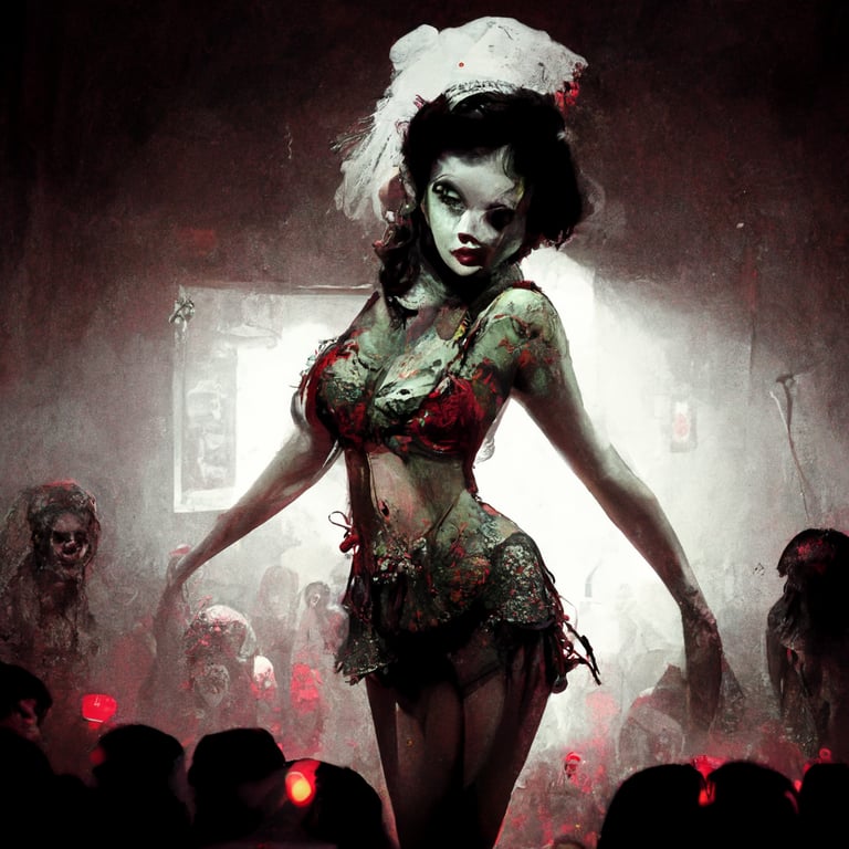 zombie pin-up girl posing in burlesque club, eerie, zombie audience,