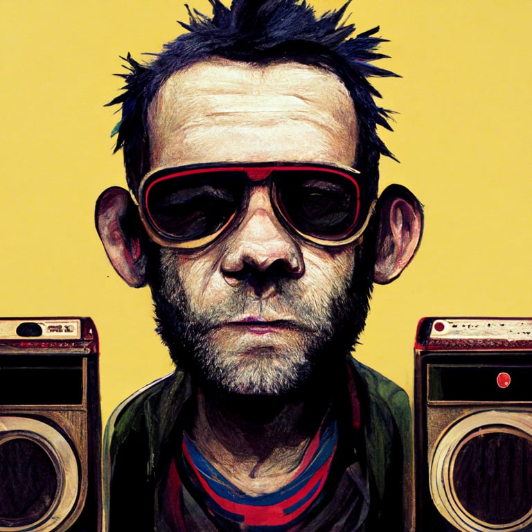 A pinting in a Gorillaz style f a man with a boombox radio as a image