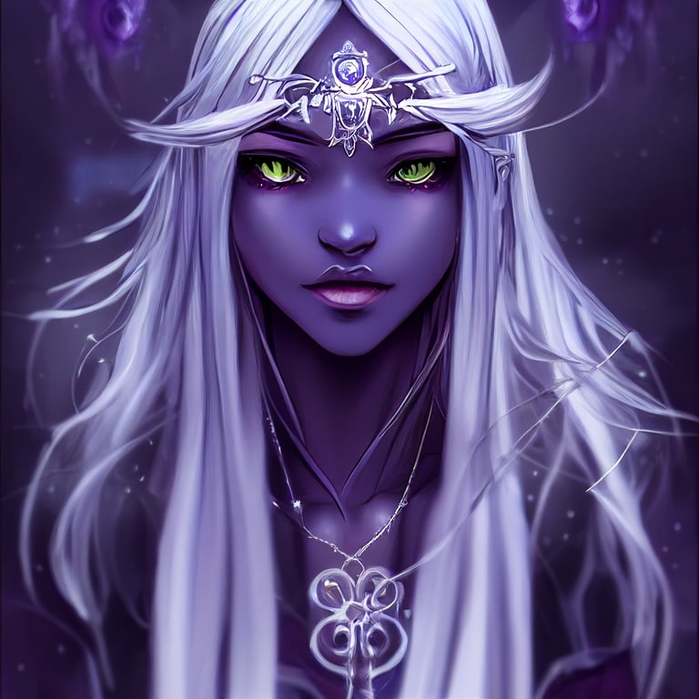 prompthunt beautiful female night elf, purple dark skin, drow, flowing