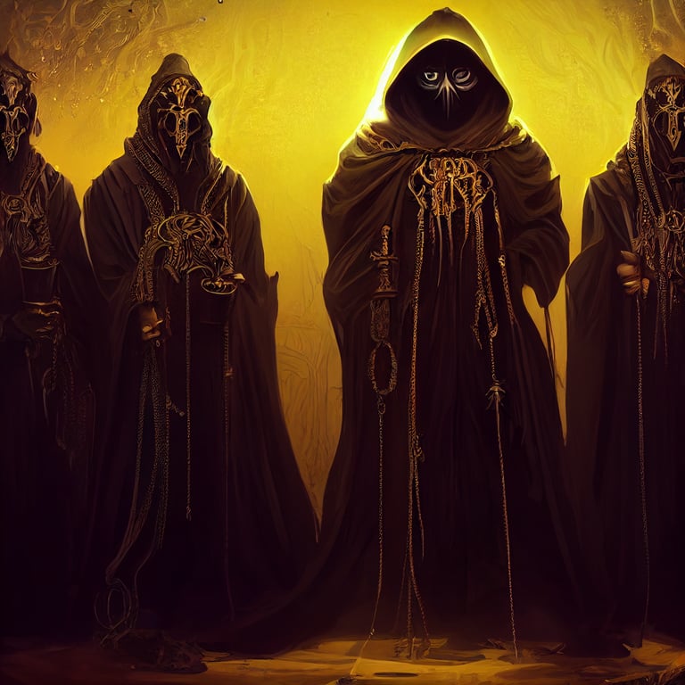 prompthunt group of dystopian cultists with ornate, hooded black
