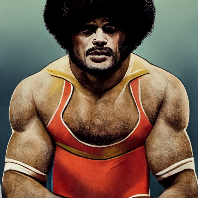 prompthunt: rocky johnson,onsie,wrestler,muscular,fro,aggressive