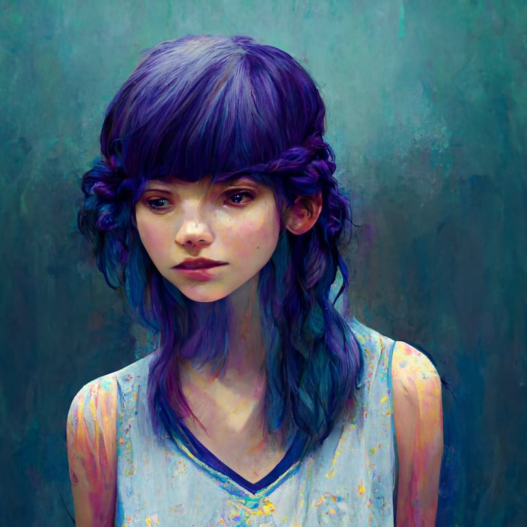 tall girl, purple blue hair
