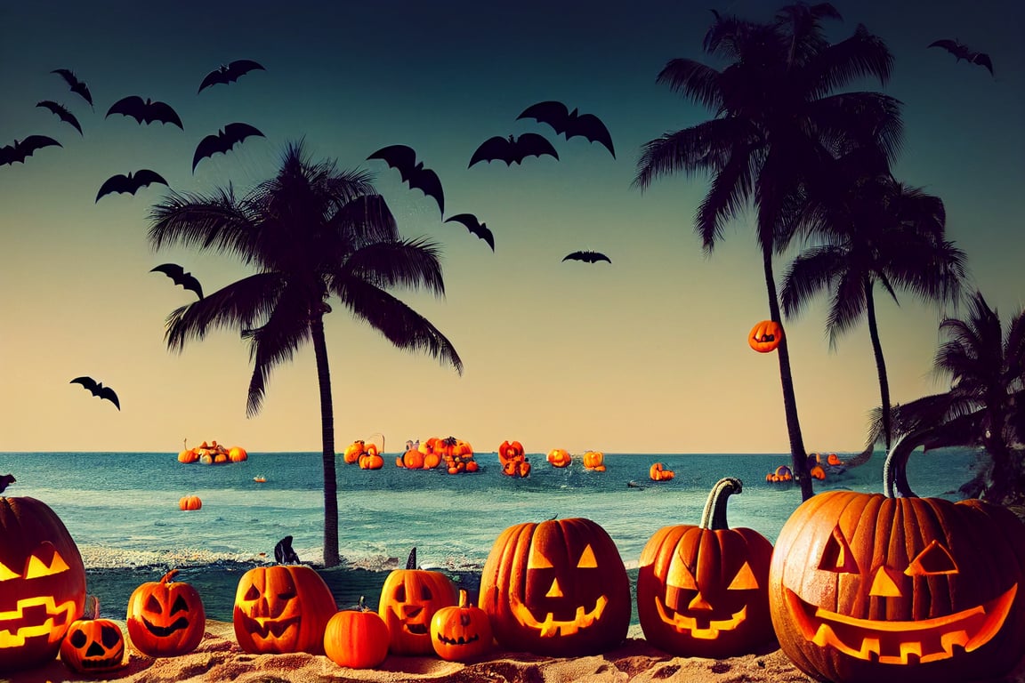 prompthunt: photograph of beach scene with palm trees and halloween  decorations, bats and pumpkins, ultra realistic photography