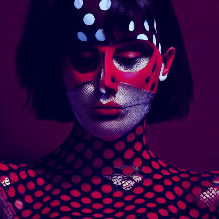 sheer transparent latex mask polka dot pattern woman with red lipstick sneering wearing high heels