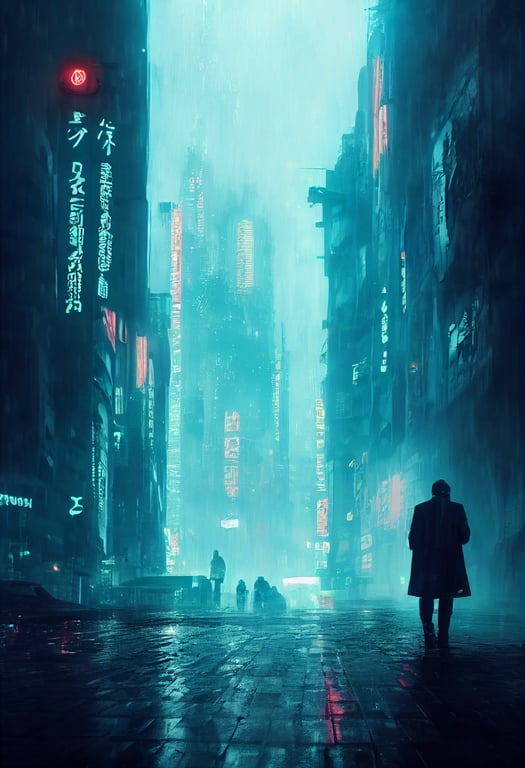 man with trench coat walking through rainy city of the future, blade runner, cyberpunk 2049, mega city, dystopian future city, sci fi, flying cars, robotic, anime style, teal neon lights shining on rainy gutters