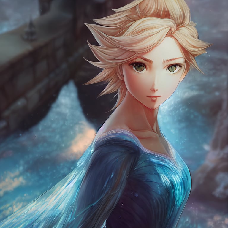 final fantasy style portrait shot, princess elsa creating ice magic, artwork by granblue fantasy, artgerm, attack on titan, high quality, amazing background by ghibli, wide gorgeous eyes, smooth cell shading