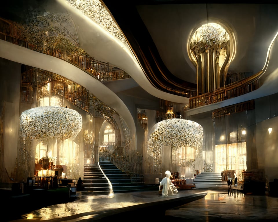 prompthunt: white Art Nouveau romance Hotel lobby, Embossed dome,Exquisite  Arc stair, saidhuge crystal chandelier,Art Deco, elegant atmosphere, divine  fantasy aesthetic CG render,octane render, light shines,Cinematography, Ray  tracing,photorealistic ...