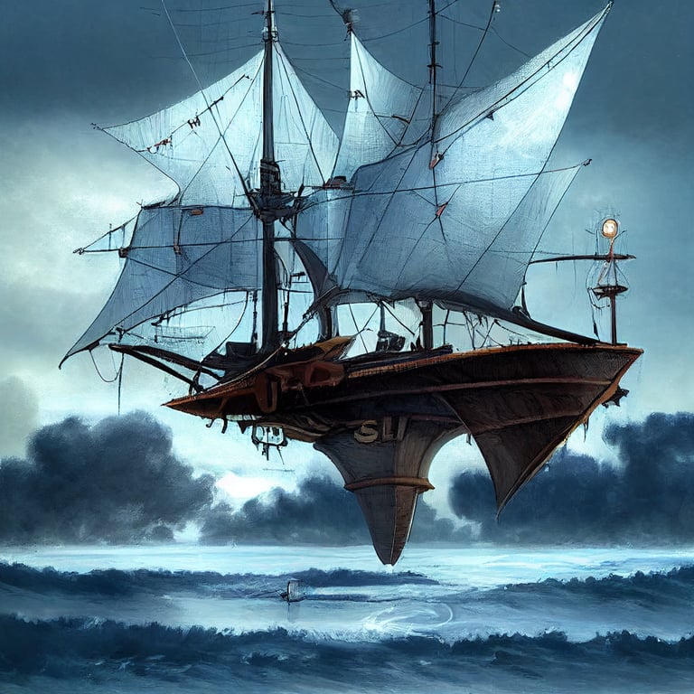 dnd spelljammer airship concept art, flying sailing boat, large sails, open deck, side view of ship, flying pirate ship, backed by evening sky