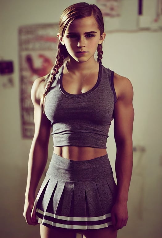 prompthunt: beautiful young Emma Watson bodybuilder blonde young teen schoolgirl with a big chest and big arms muscular legs wearing a tight shirt that pushes her huge chest, six