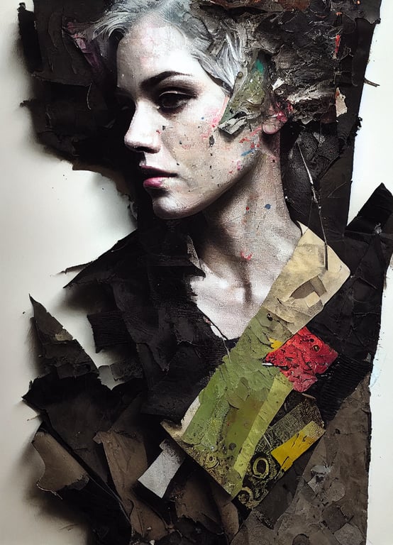 prompthunt: mixed media collage with canvas texture in modern art style, portrait in profile, punk art,dynamic composition, intricate oil details, paint splatter, leather scraps, exquisite quality torn paper, fabric patches, black
