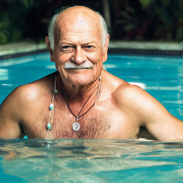 smiling 30 year old Gerald McRaney sitting on a pool bar, extreme chest hair, bar, hawai, portrait, drinks, Pool, cinematic lighting, realism,