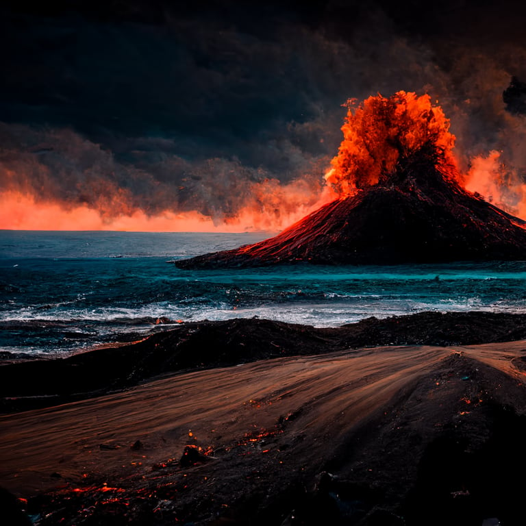 prompthunt: a high resolution image of a beautiful dark beach landscape  with a vivid blue ocean and massive volcano eruption with a sunset sky, 4k,  creative