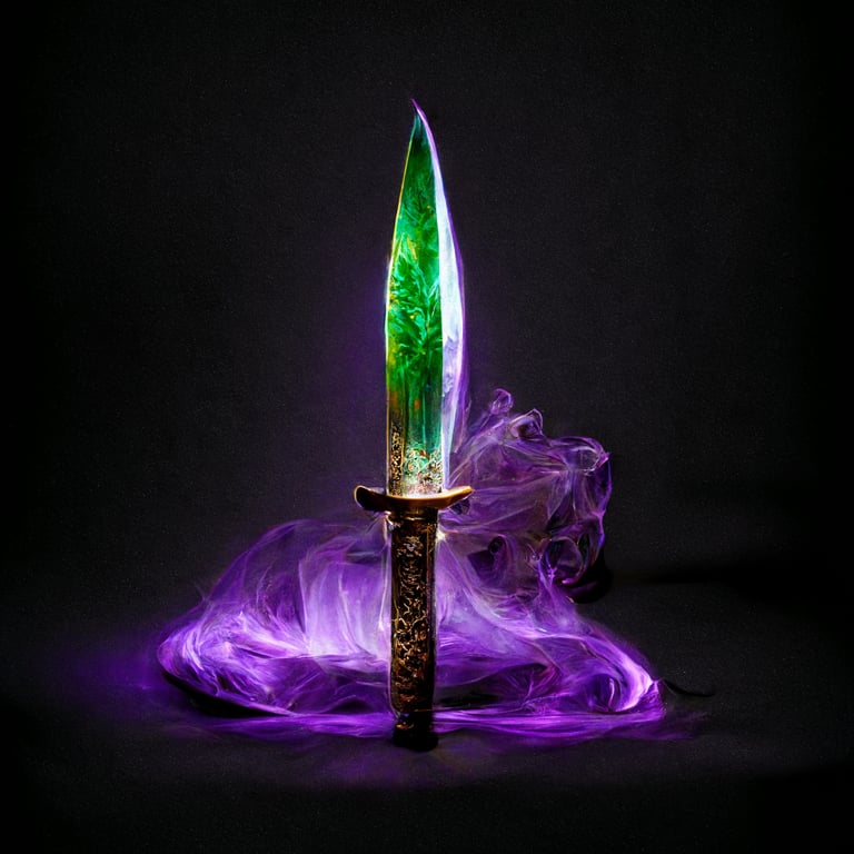 prompthunt: photo realistic sword engulfed in bright purple flames and  lightning, green emerald on the pommel
