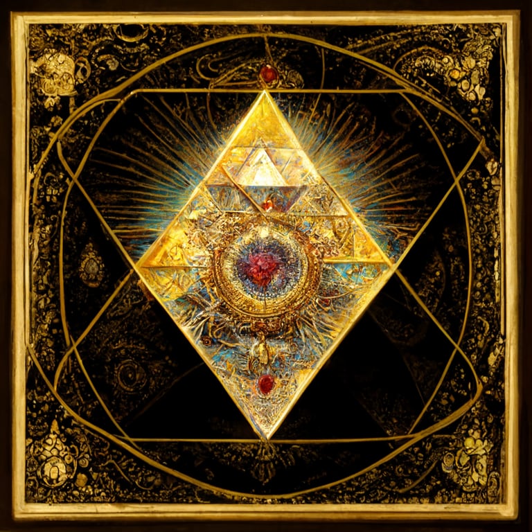 triangle of God Almighty; fantasycore; in the style of square tarot cards ; hyper detailed; gold gilded ; precious stones and crystals--ar 1:1