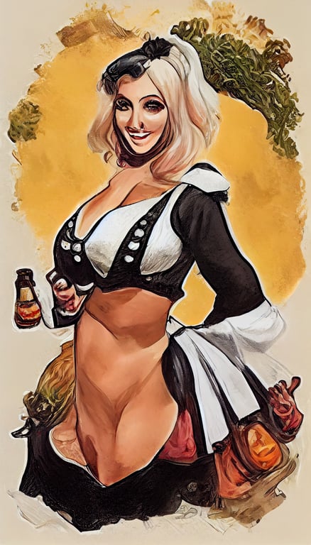 prompthunt: Jessica nigri Beautiful female slim but curvaceous Oktoberfest  Beer Garden Maid. extreme detail, Tales From The Crypt magazine black and  white pin-up illustration drawn by Mort Künstler, Bruce Minney, Basil Gogos,