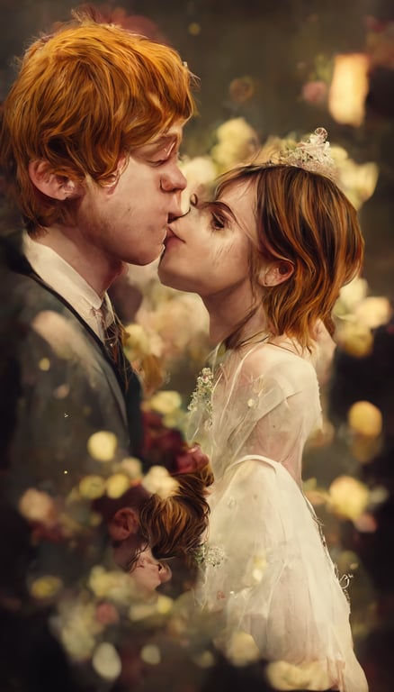 Rupert Grint and Emma Watson, wedding, love, kiss, realistic details, cinematography, hyperrealism, 8k, wallpaper,
