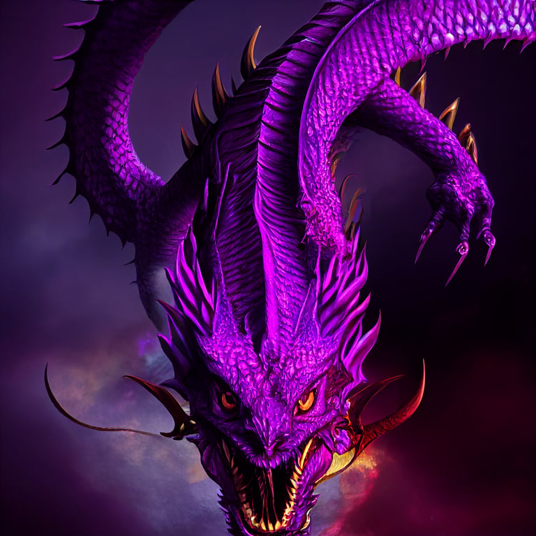 purple dragon of chaos, atristation, evil, hyperdetailed, fun, octane render,purple fire