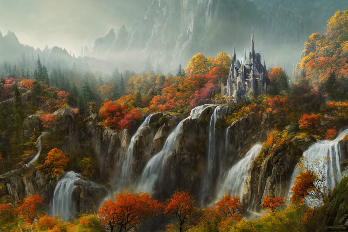 prompthunt: Rivendell, sprawling open art nouveau architecture on a cliff  in a valley, autumn forest, surrounded by Sierra Nevada mountains, autumn  trees, many 2-tier waterfalls, Lord of the Rings, Alan Lee, blue