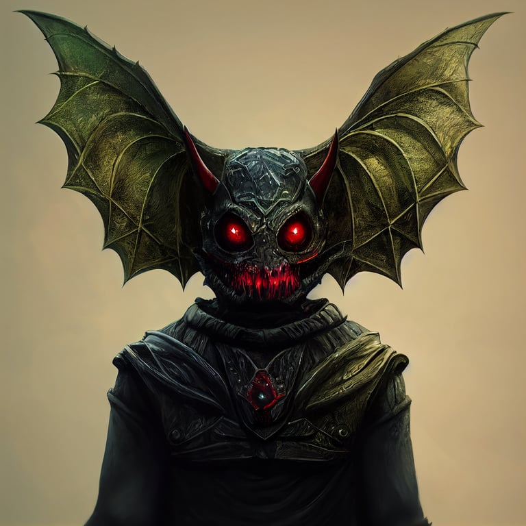 prompthunt: anthropomorphic bat, wearing helmet decorated with green ivy  and red eyes death knight from world of warcraft, hyperdetailed, octane  render, full body portrait, dark, clive barker