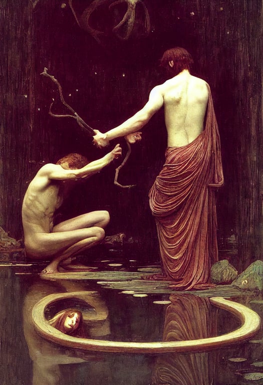 prompthunt: Echo and Narcissus , by John William Waterhouse, but  lovecraftian and horrifying