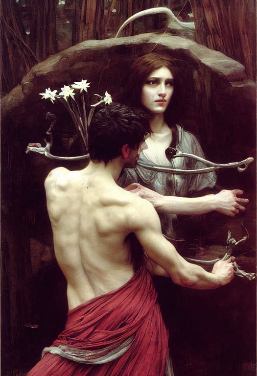 prompthunt: Echo and Narcissus , by John William Waterhouse, but  lovecraftian and horrifying