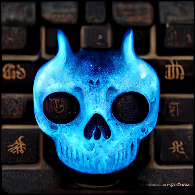 awesome evil blue flaming skull next to a keyboard with the “g” key highlighted