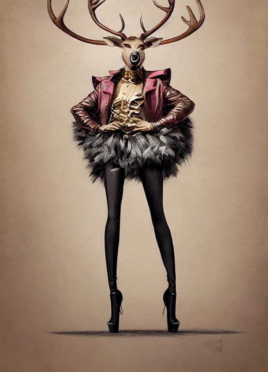 prompthunt: rudolph the reindeer as a drag queen, fierce and fashionable,  drag superstar, wearing tall black high heel boots, in full height,  character art, by Jean-Baptiste Monge, james jean and greg rutkowski,