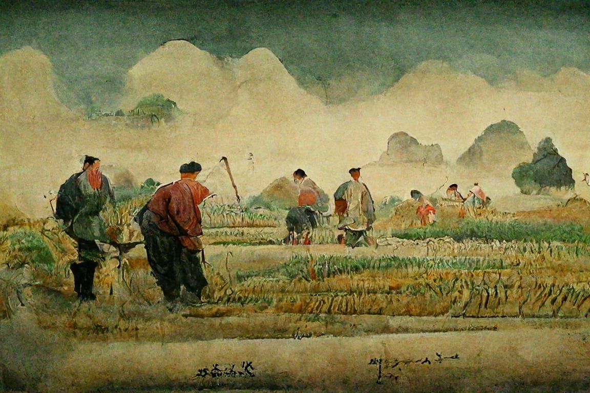 prompthunt: rural agriculture traditional chinese painting, faded colour,  farmers in the fields, variety of crops