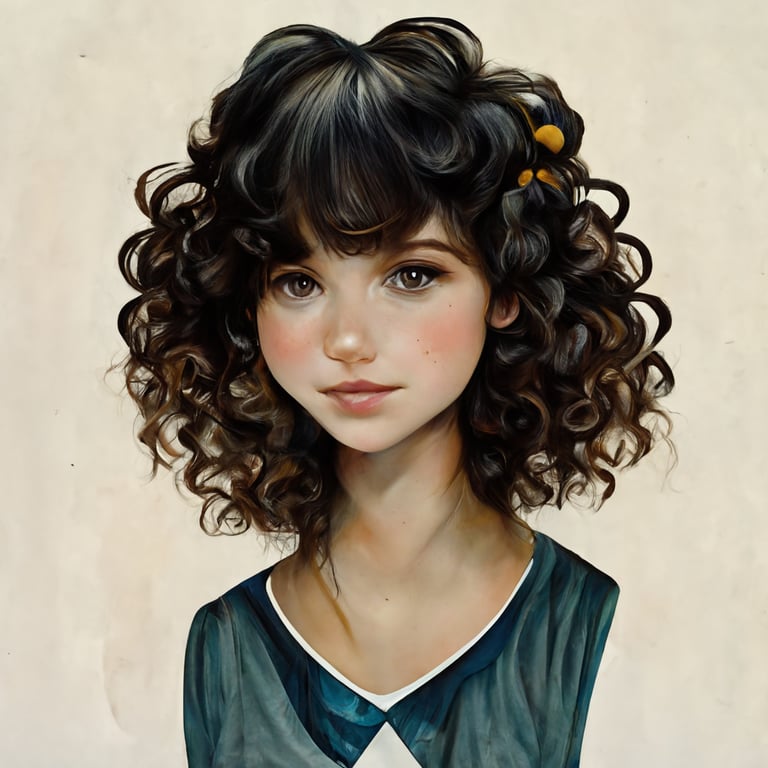 Flemish Rennasanice brunette curly hair with bangs girl round face