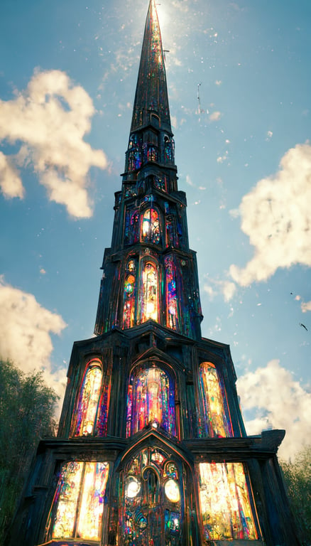 Magnificent and gorgeous spire church with black lily blooming, stained glass window, blue river, light wheel, light spot, baroque, holy, strange and complicated details, beautifully decorated, retro and gorgeous ,utopia, reflections, surreal, epic, 8k, highly detailed, octane render, corona render, global Illumination, photo realistic, ultra detail, ultra quality, sunlight, 8k ultra hd, cinematic, cinematic lights, highlights, maximum definition, photorealistic, hyper realistic, post processing,Greg Rutkowski,Jon Juarez,John Howe,
