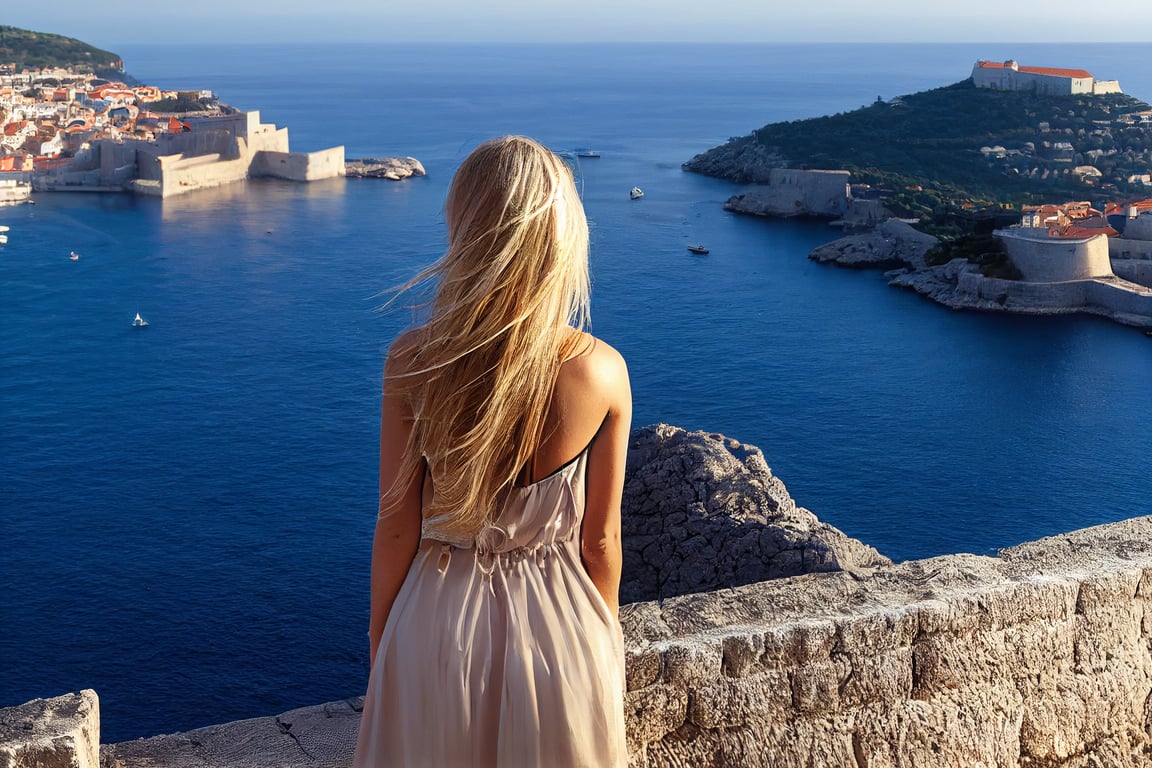 A young croatian woman with shoulder length blonde hair in dress overlooking Dubrovnik on the Dalmatian Coast watching the sun set, full body