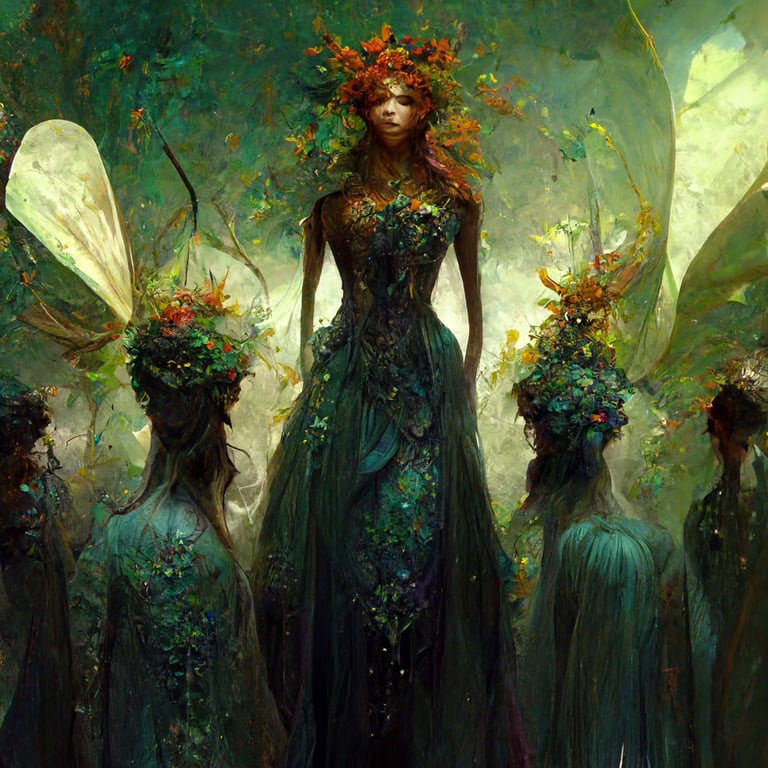 prompthunt: seelie Fairie queen's court, various fey creatures, Titania and  her cohort