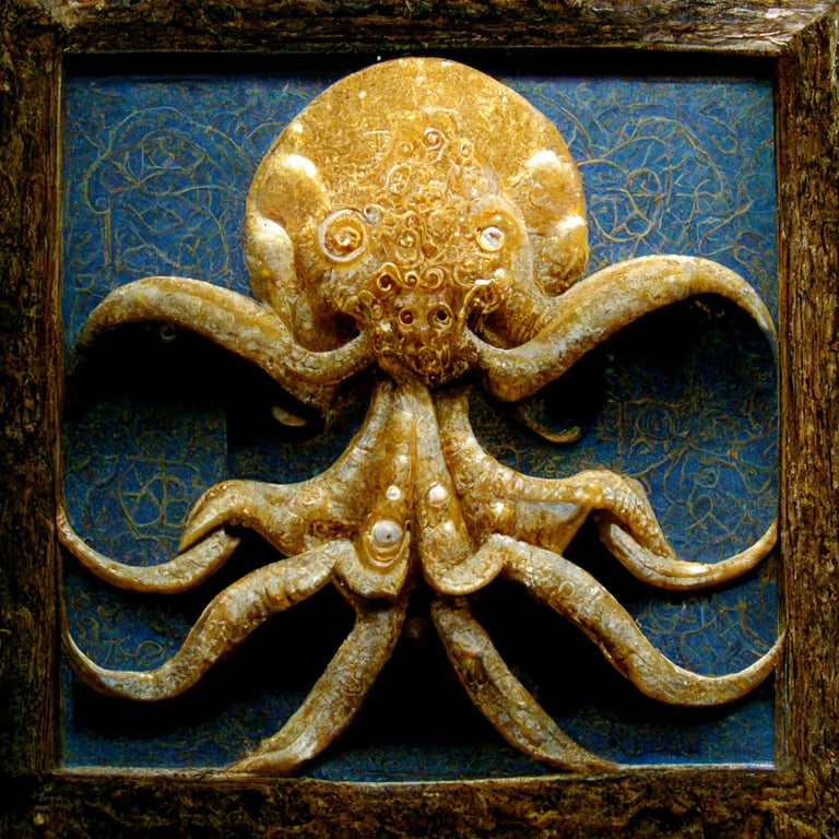 prompthunt: octopus made of new shiny gold in a square gold frame which has  a Celtic scroll design, the image has bilateral symmetry; behind the  octopus is a solid piece of blue