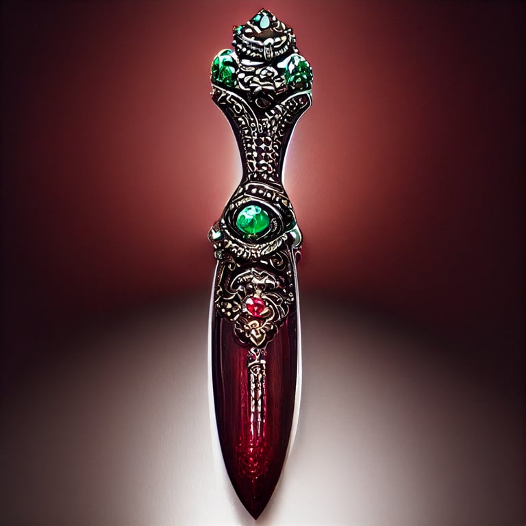 h. r. giger makes intricate ornate dagger with ruby and emerald jeweled handle catalog photo realistic
