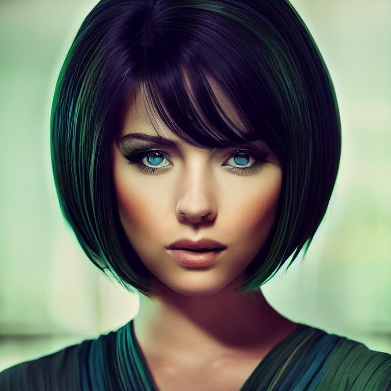 Prompthunt Woman Beautiful Face Symmetrical Green Eyes Black Hair Stacked A Line Bob Hairstyle 